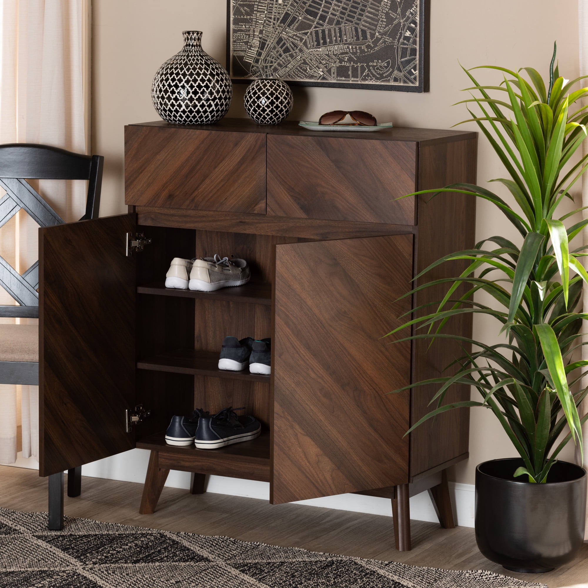 Baxton Studio Rossin Modern Walnut Brown Finished 2-Door Wood Entryway Shoe  Storage Cabinet w/ Open Shelf- ATSC1614-Columbia-Shoe Cabinet