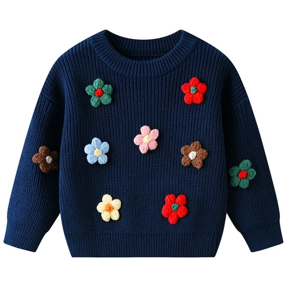 Splozh Chandail pour Tout-Petite Fille Mignon Fait à la Main avec Fleurs Chandails Tricotés pour Enfants de Petite et Moyenne Taille Bleu Foncé, 5-6 Ans