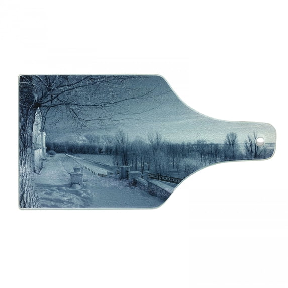 Winter Cutting Board, Ice Cold Frozen Snowy Scenery from Castle Like Balcony with Leafless Branches Art, Decorative Tempered Glass Cutting and Serving Board, Wine Bottle Shape, White, by Ambesonne