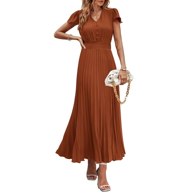 Vestido largo PRETTYGARDEN para mujer, cuello en V, cuello en V, volantes, marrón