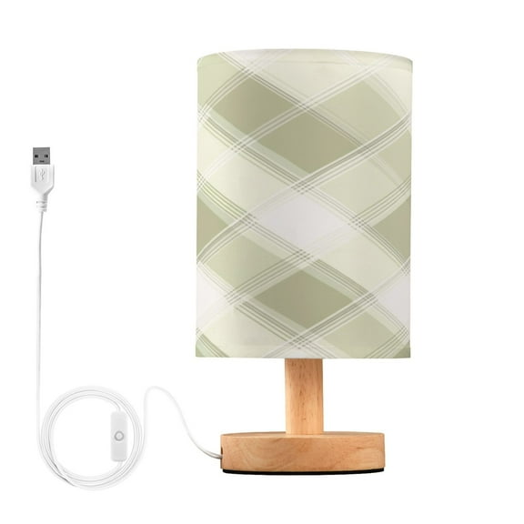 Green and White Tartan Small Lamp Printed Gifts Table Lamp USB Bedside Desk Nightstand Lamp Wood Base for Bedroom Living Room Office Desk College Dorm