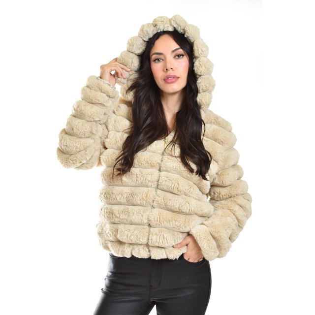 chamarra de peluche juvenil roman fashion 24192 beige, vista frontal con capucha y cierre frontal; silueta corta con patrón de rayas horizontales en peluche beige, textura esponjosa 100% poliéster, bolsillos laterales visibles y fit a la medida, adecuada para combinar con jeans o leggings.