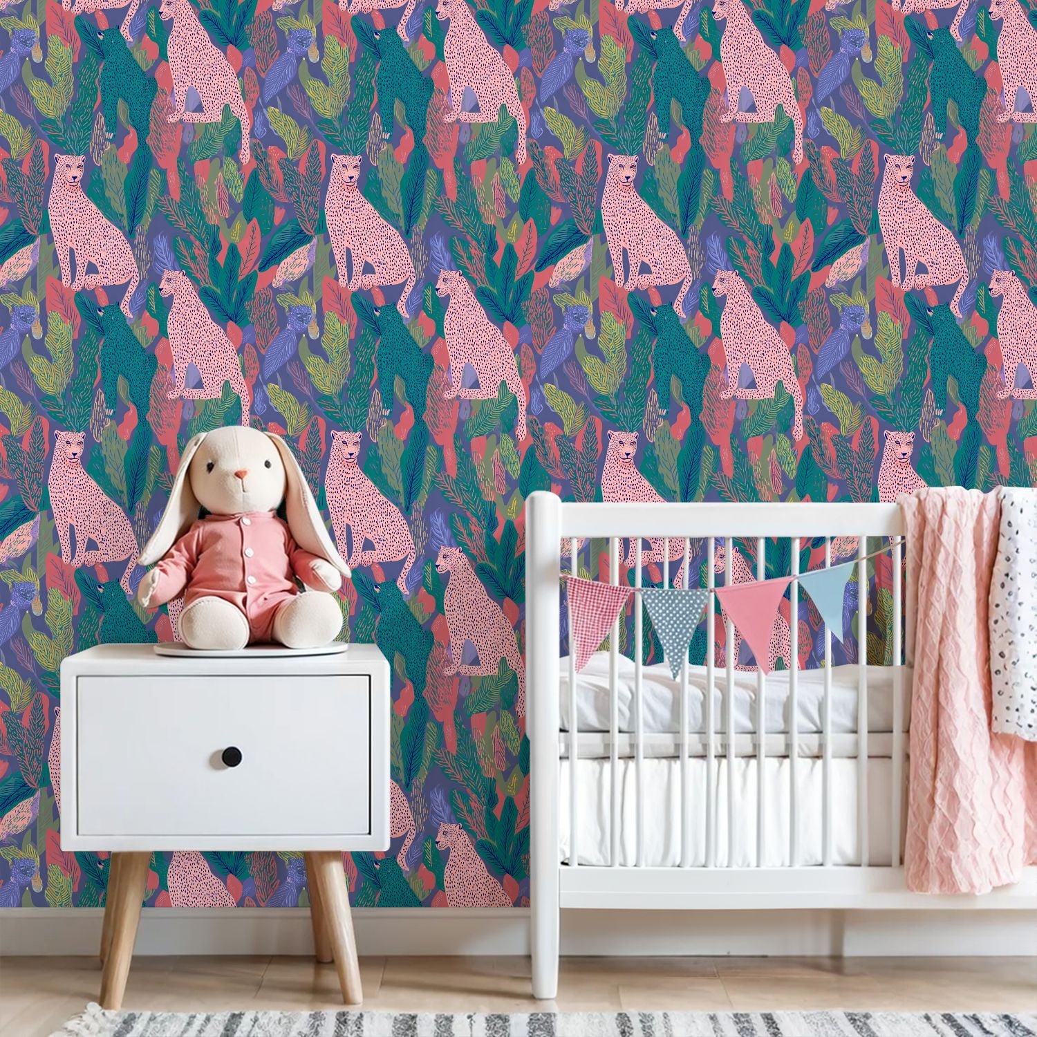 Cheetah Peel and Stick Wallpaper 23.6in x 9.8ft Pink Teal Cheetah Jungle Tropical Leaves Purple Contact Paper Vinyl Waterproof Self Adhesive Wall Paper for Bedroom Shelf Cabinet Renter Friendly