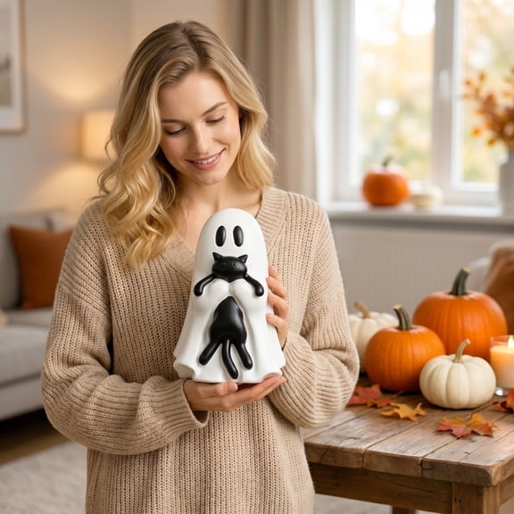 Halloween Home Decor, Halloween Ghost Decor, Black Cat Halloween Decor, Cute Ghost Statue, 6X4.5 Inch Spooky Shelf Figure for Indoor Halloween Displays