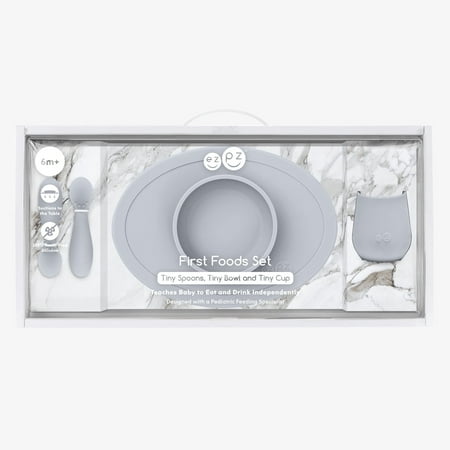 ezpz First Foods Set (Pewter) - 100% Silicone Suction Bowl, 2oz Cup, Tiny Spoons - Designed by a Pediatric Feeding Specialist - 6 Months+