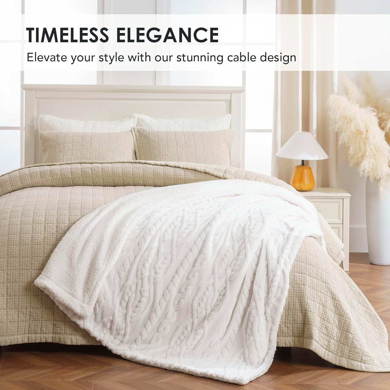 EVERGRACE Classic Cable Jacquard Sherpa Fleece Throw Blanket for Couch, Soft Cozy Fuzzy Plush Blankets for All Seasons, Reversible Thick Warm Blanket for Bed, Sofa, Bleach White, 50'' x 60''