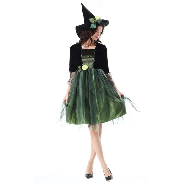 Vestido de media manga con encaje de color liso para mujer, conjunto de sombrero y sombrero para Halloween, vestido de cosplay, vestido de poliéster para mujer