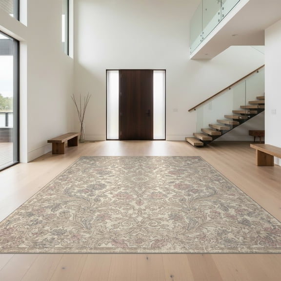 Design&I 8'x10' Washable Area Rug Vibrant Vintage Scrollwork Blush Beige Mirrored Vine Botanical for King Size Bedroom, Under Bed, Sleek Flatweave Pet Friendly