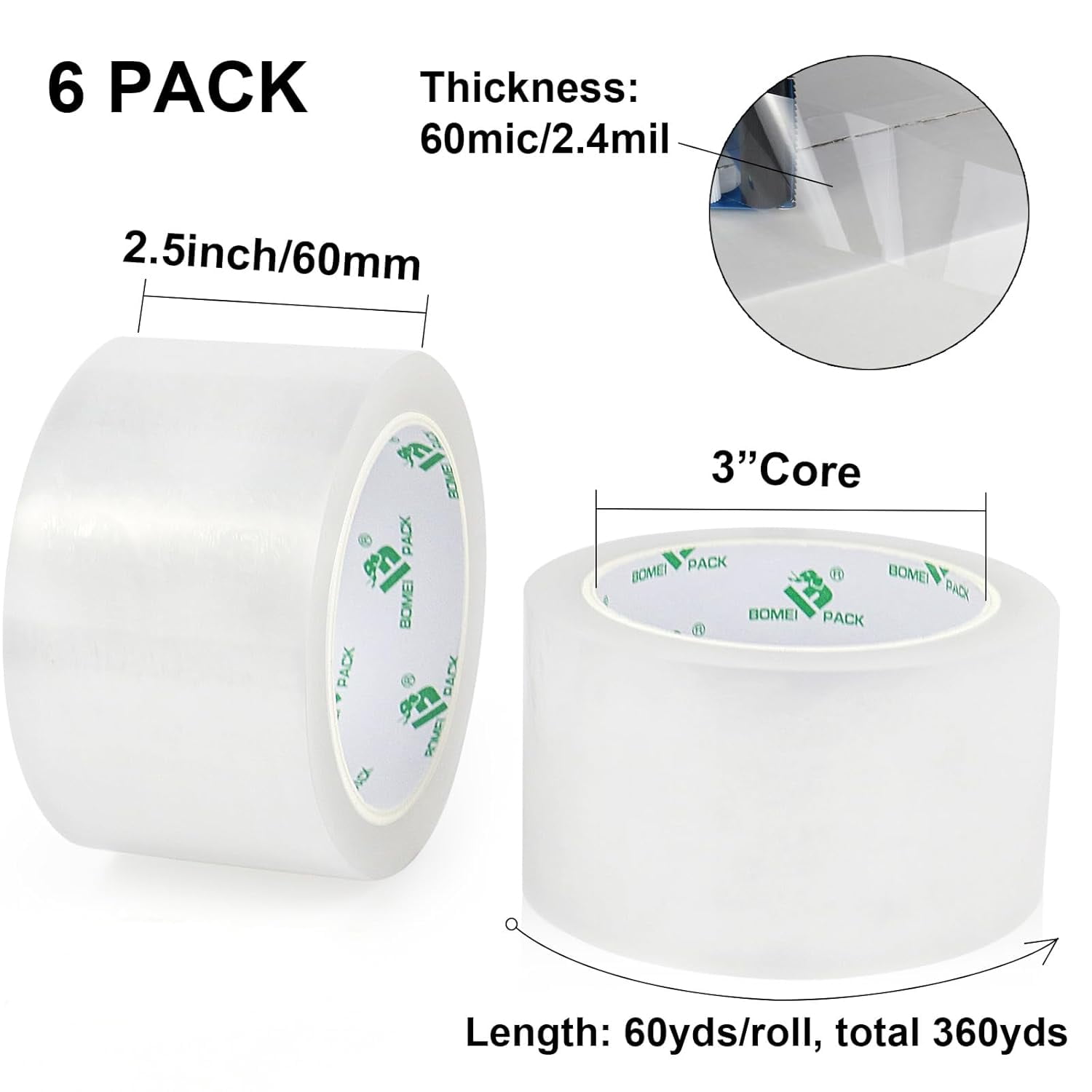 2.5-inch wide transparent packing tape, 6-roll refill set, heavy-duty wide packing tape, suitable for搬运, transportation, and storage, 2.4 mil x 60 yards