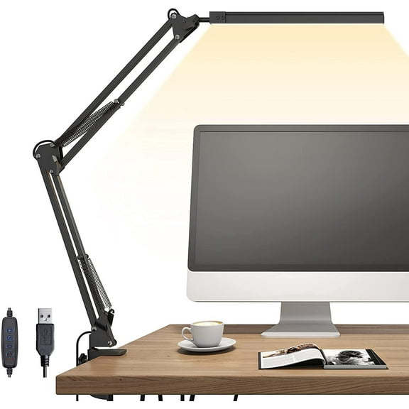 LED Desk Lamp, 14W Eye-Caring Metal Swing Arm Desk Lamp with Clamp, 3 Modes, 30 Brightness Dimmable Clamp Desk Light with Memory Function, Architect Table Desk Lamps for Home Office
