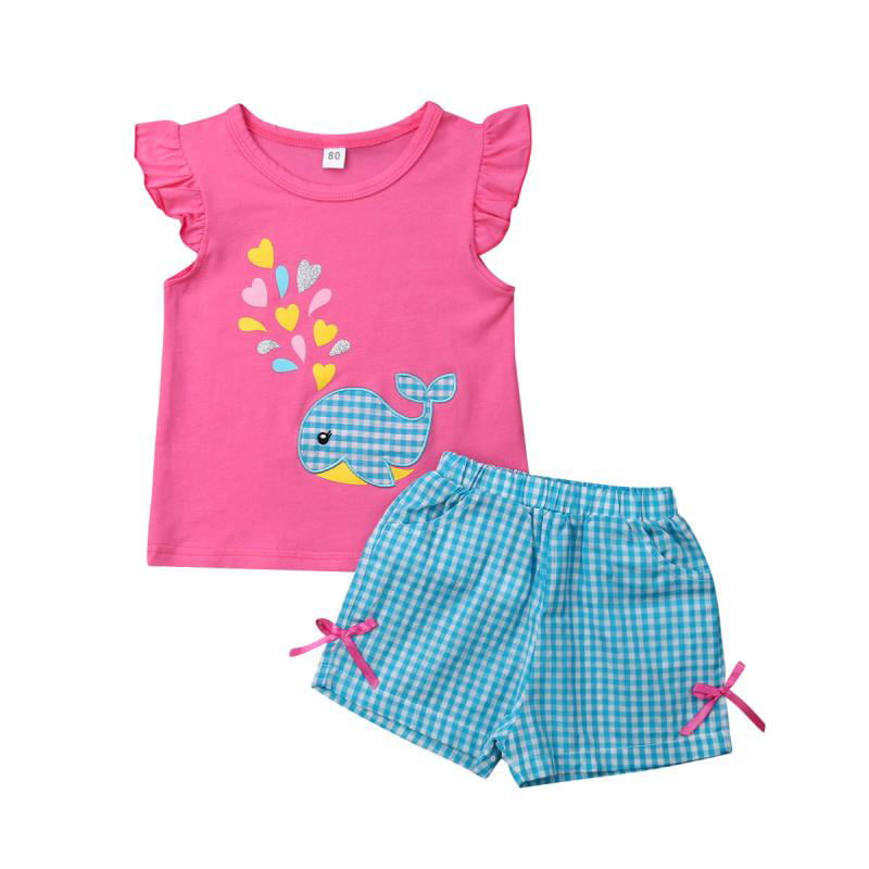 Toddler Baby Girls Summer Clothes Cartoon Whale Print Ruffle Tops Vest Plaid Shorts Pants Kids 2Pcs Outfit Set 