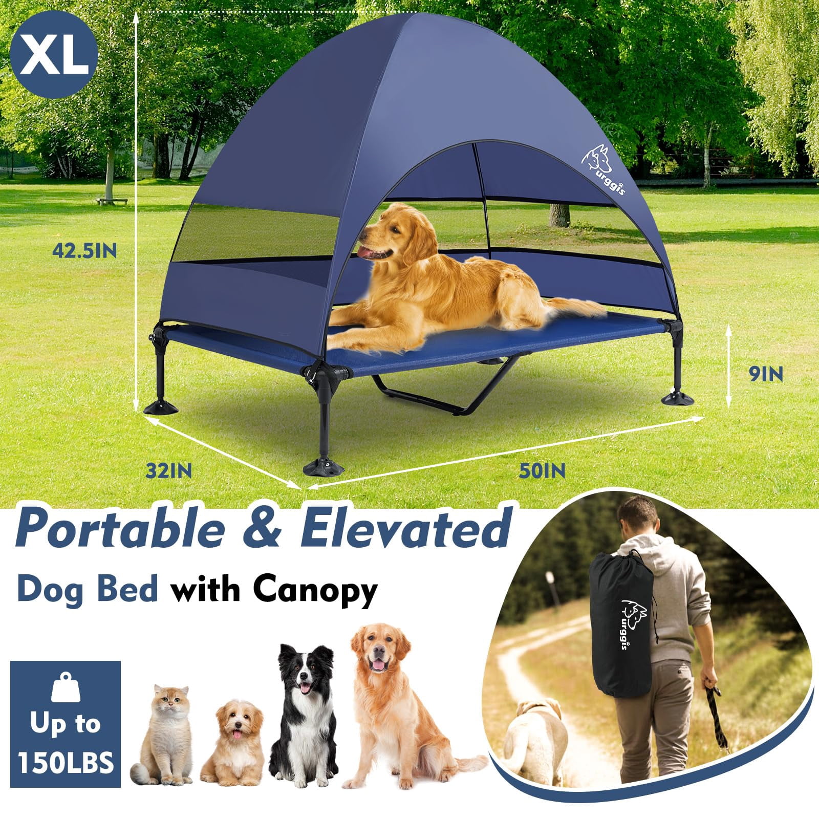 Furggis Elevated Dog Bed with Canopy, Portable Raised Outdoor Dog Bed with Stable Anti-Slip Feet, X-Large, Blue