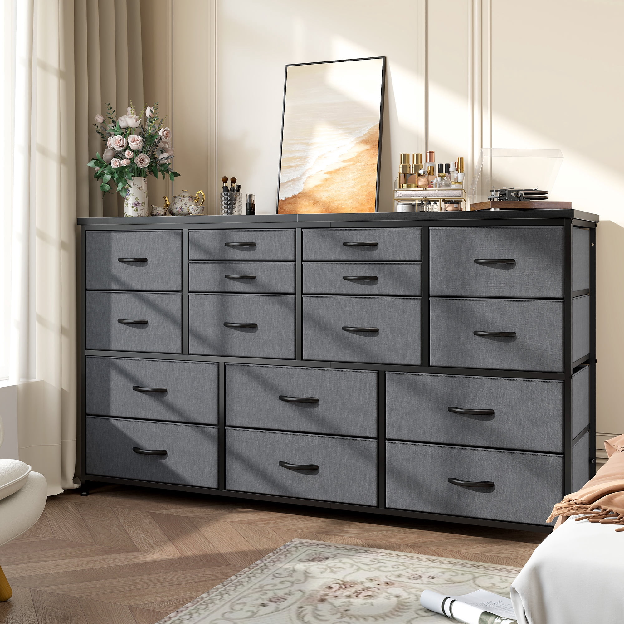 Romorgniz Dresser for Bedroom with 16 Drawers for Closet Fabric Dressers & Chests of Drawers TV Stand with Charging Station, Gray
