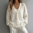 thumbnail image 2 of Women's Solid Color Deep V Neck Open Front Button Down Oversized Short Knit Cardigan Sweater Jacket, Soft Skin-Friendly Warm Cozy 2026 Trendy Outerwear for Fall Winter Casual Lounge Street White, 2 of 4