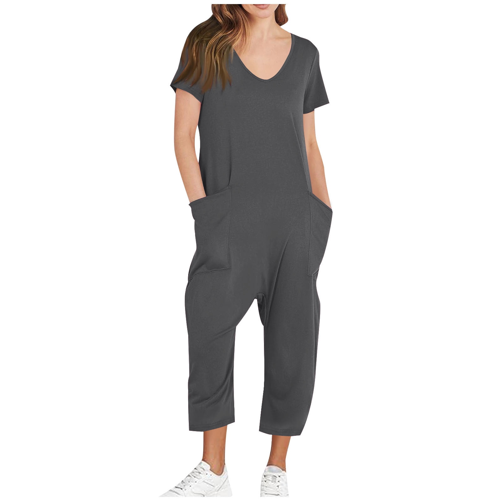 AGWOLF Adult Onesie Pajamas for Women Stretch V Neck Short Sleeve Jumpsuits Loose Fit Solid Ankle Length Pants Summer Rompers with Pockets Soft Sleepwear Homewear One Piece Gray XXL