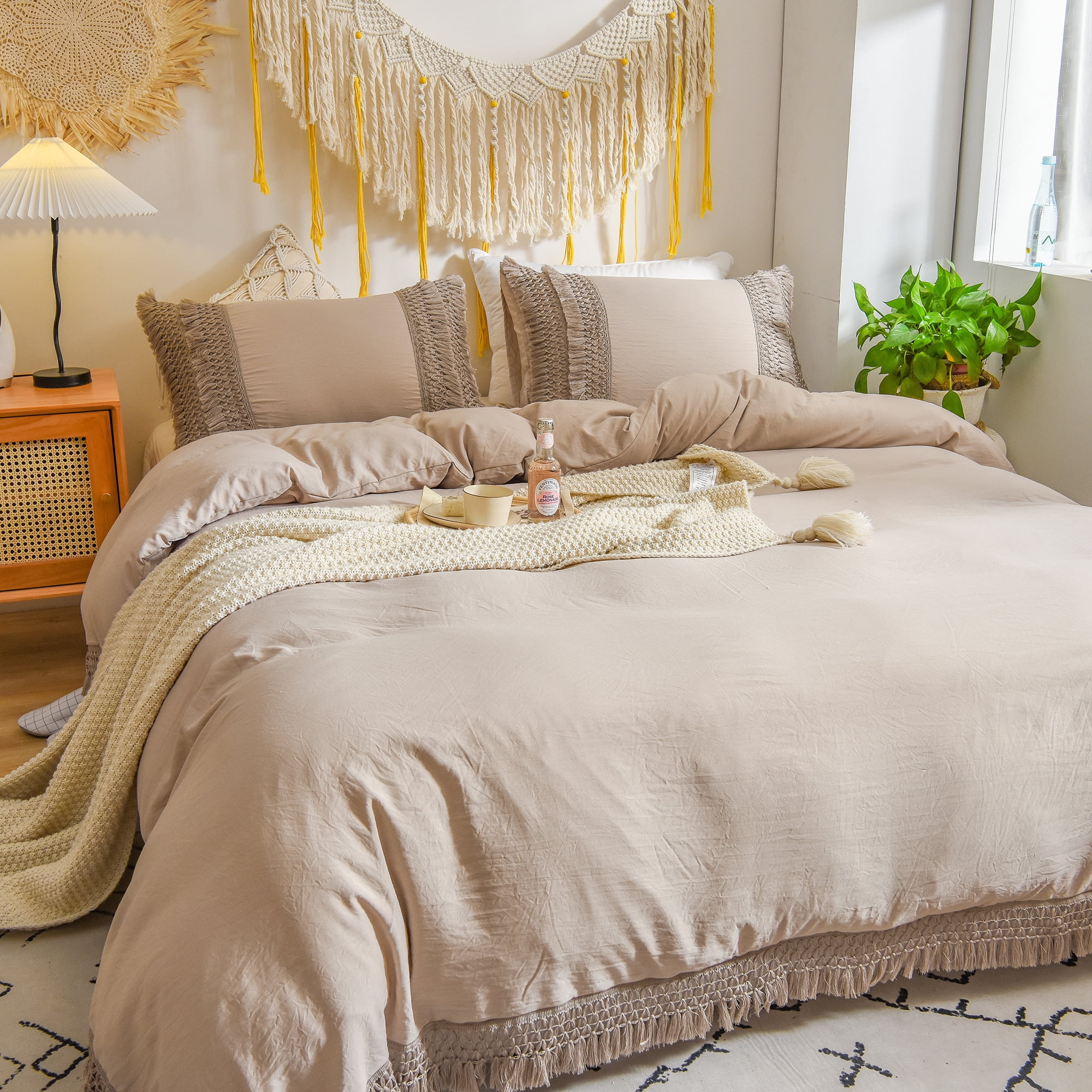 Move Over Taupe Macrame Tassel Bedding Sets Queen Boho Tassels Pattern Washed Microfiber Duvet Cover Set No Filling