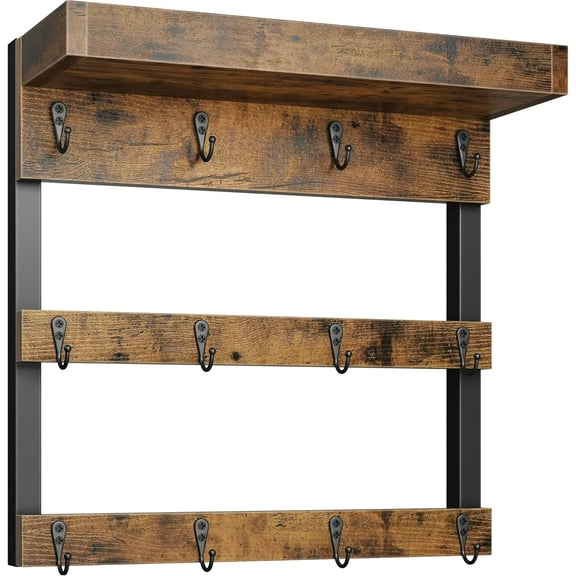 Coffee Mug Rack Wall Mounted, Rustic Wood Cups Rack with 12 Hooks and Storage Shelf, for Home Kitchen Display and Collection (Rustic Brown)