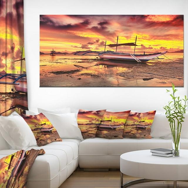 Beautiful Boat under Yellow Sky - Modern Seashore Canvas Art