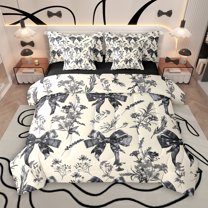 Manfei Black Cartoon Bowknot 7-Piece Bedding Comforter Set for Kids, Western Rustic Plant King Bedding Sets, Vintage French Style Reversible Bed Sheets, Luxury Bedroom Decor