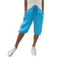 thumbnail image 2 of Bermuda Shorts for Women Knee Length Drawstring Elastic Waist Linen Shorts Casual Summer Pedal Pushers with Pockets Cyan M, 2 of 7