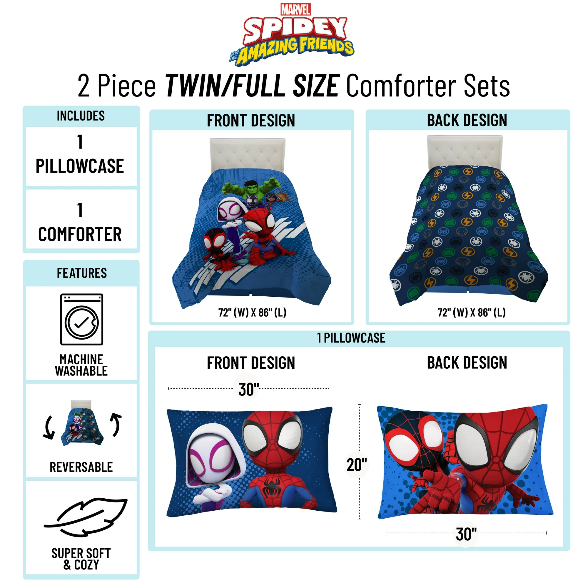 Spidey & his Amazing Friends Kids 2-Piece Twin/Full Reversible Comforter and Pillowcase Set, Twin/Full, Reversible