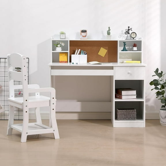 Kids Desk and Chair Set, Wooden Study Table with Storage Shelf, Bulletin Board, Keyboard Stand and Pen Holder, Children School Learning Desk Set, Writing Table for Boys and Girls, White