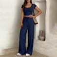 thumbnail image 7 of Women's Summer 2 Piece Matching Lounge Sets Short Sleeve Crop Tops Wide Leg Pants Airport Travel Outfits Navy L(L), 7 of 7