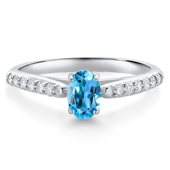 Gem Stone King 10K White Gold Swiss Blue Topaz and White Lab Grown Diamond Engagement Ring for Women (0.73 Cttw, Oval 6X4MM, Gemstone November Birthstone, Size 9)