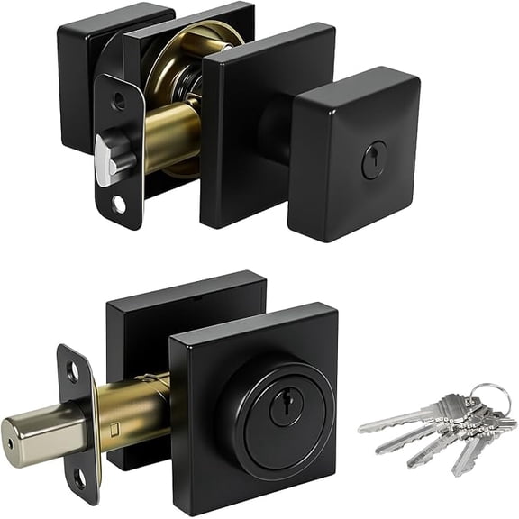 Cielsa Dawn Square Black Door Knob and Deadbolt Lock,Single Cylinder Deadbolt Lock and Door Knob Set, Keyed Alike Eexterior Door Locks for Front Door (Matte Black,1PACK)