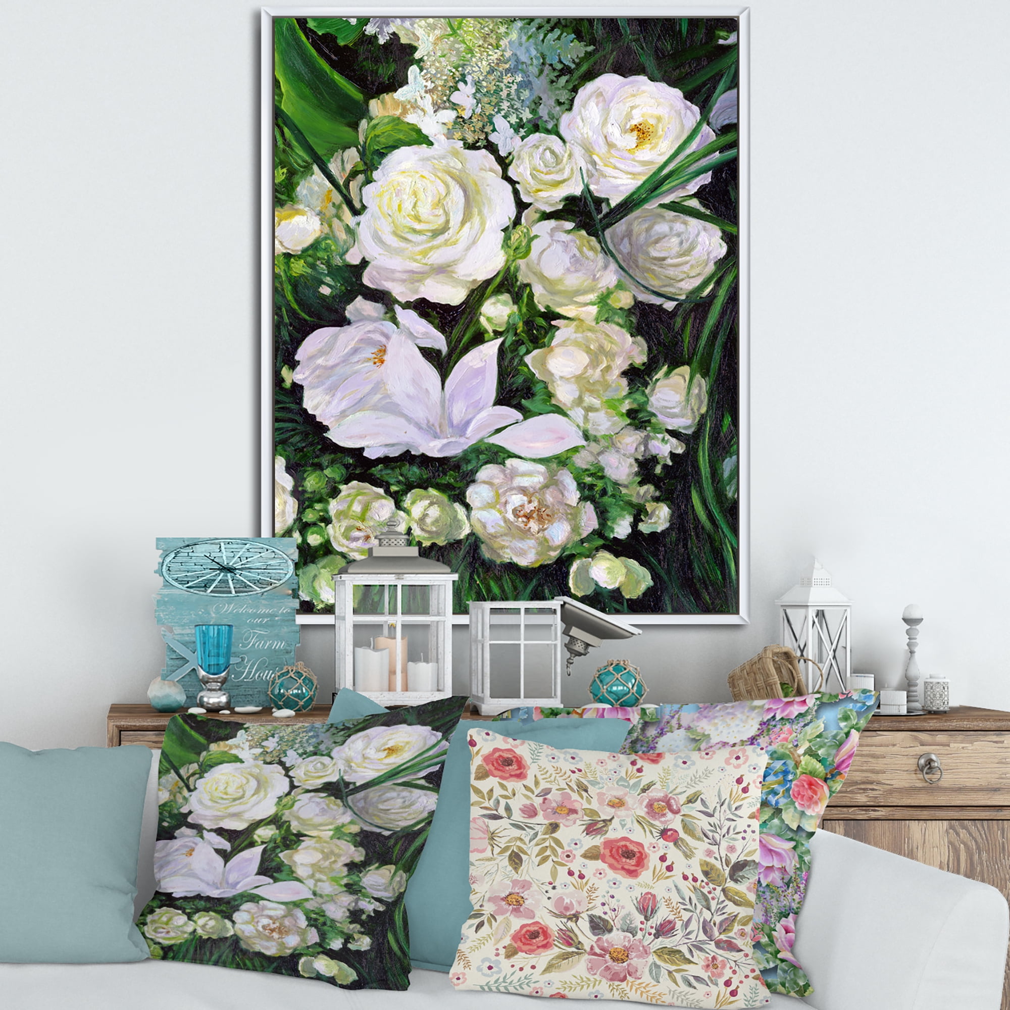 Designart 'Bouquet Of White Roses With Green Leaves' Traditional Framed Canvas Wall Art Print