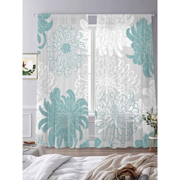 Sheer Curtains 84 Inches Long 2 Panels, Country Dahlia Teal Flower Rod Pocket Curtain Voile Draperies, Abstract Floral on Grey Light Filtering Window Treatment for Living Room Kitchen Bedroom
