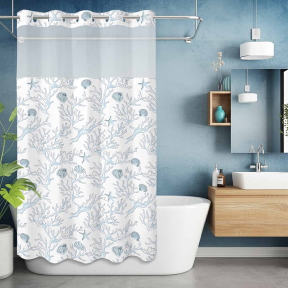 No Hook Shower Curtain with Snap in Liner, Abstract Blue Bare Tree Shell on White Waterproof Bath Curtain Double Layers with See Through Top Window, Summer Ocean World Hotel Shower Curtains 36x72in