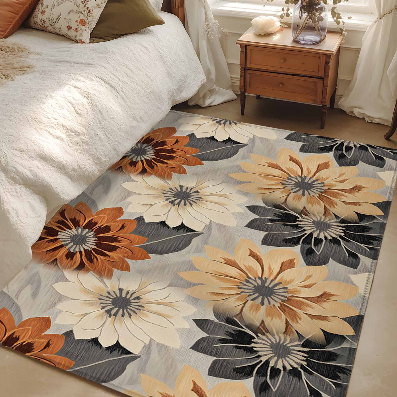 3'x5' Area Rugs, Burnt Orange Grey Black Flower Indoor Outdoor Area Rug for Living Room Bedroom, Spring Floral Botanical Washable Bathroom Rugs Kitchen Floor Carpet Mats Home Decor Aesthetic