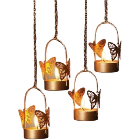 India Meets India Hanging Butterfly Tealight Candle Holder Tea Light Holder with Tea Lights for Diwali Decoration Handicraft (4, Gold)