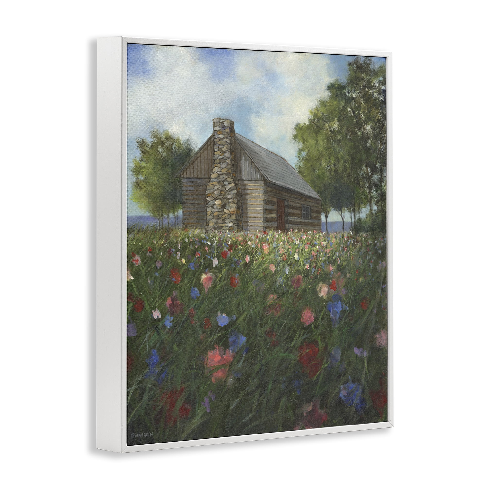 Stupell Industries Log Cabin Meadow Landscape Painting White Framed Art Print Wall Art, 11 x 14