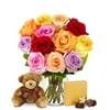 From You Flowers - One Dozen Mixed Rainbow Roses + Chocolates + Bear (Fresh Flowers)