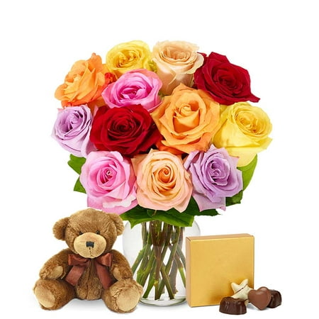 From You Flowers - One Dozen Mixed Rainbow Roses + Chocolates + Bear for Birthday, Anniversary, Get Well, Congratulations, Thank You, All Occasions