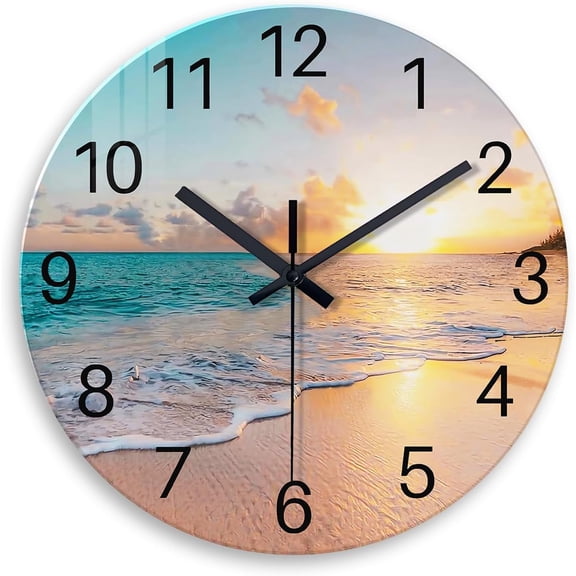 Blue Beach Wall Clock Battery Operated 12 Inch | Round Glass Wall Clock Non Ticking Analog Coastal Wall Clocks for Bedroom Living Room Office Kitchen Decor