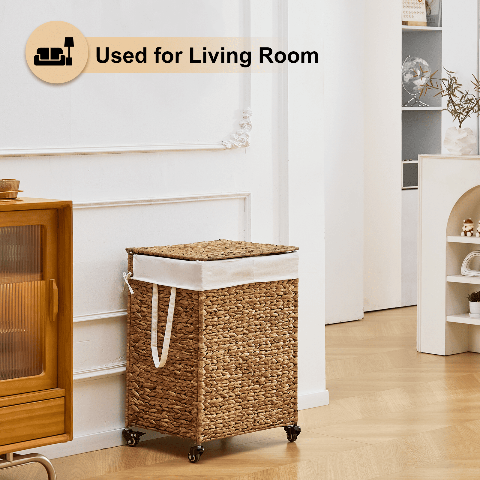 100L 2-Section Laundry Hamper with Lid and Wheels, Woven Natural Water Hyacinth
