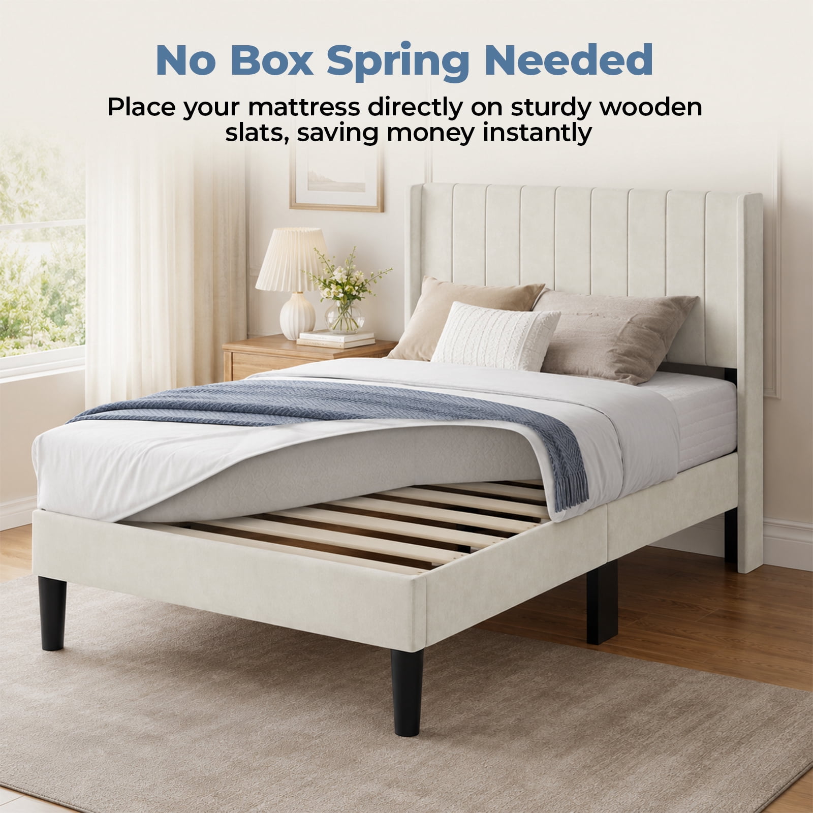 Alvantor Upholstered Bed Frame, Fabric-covered Wing-shaped Headboard and Wooden Crossbars, Bed Frame with Storage Space, Easy Assembly, Noise Free, No Box Spring Needed