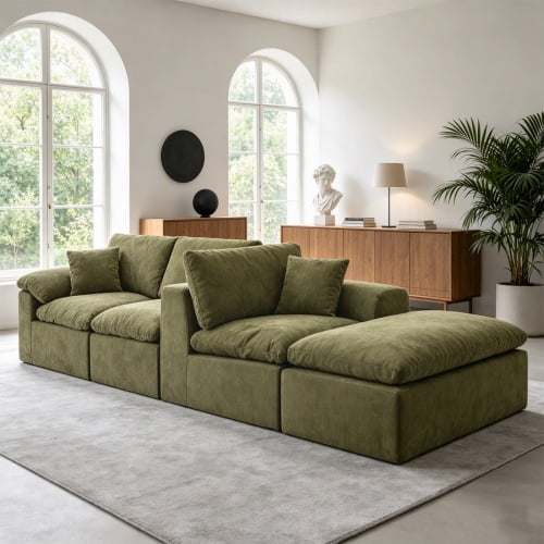 102.3" Modular Sectional Sofa, L-Shape Cloud Couch with Movable Ottoman, Comfy Chenille Deep Seat Sofa with Soft Pillows for Living Room Apartment, Green