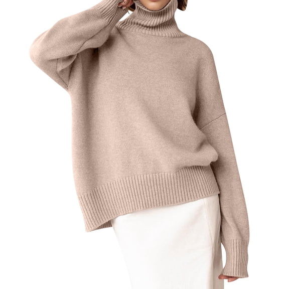 Women Mock Neck Sweater Chunky Long Sleeve Knitted High Low Hem Trendy Fall Winter Jumper Top Khaki One Size