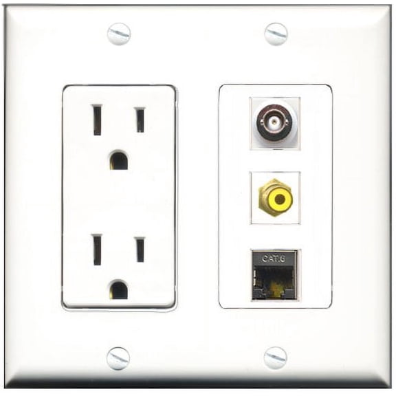 RiteAV - 15 Amp Power Outlet 1 Port RCA Yellow 1 Port Shielded Cat6 Ethernet Ethernet 1 Port BNC Decorative Wall Plate