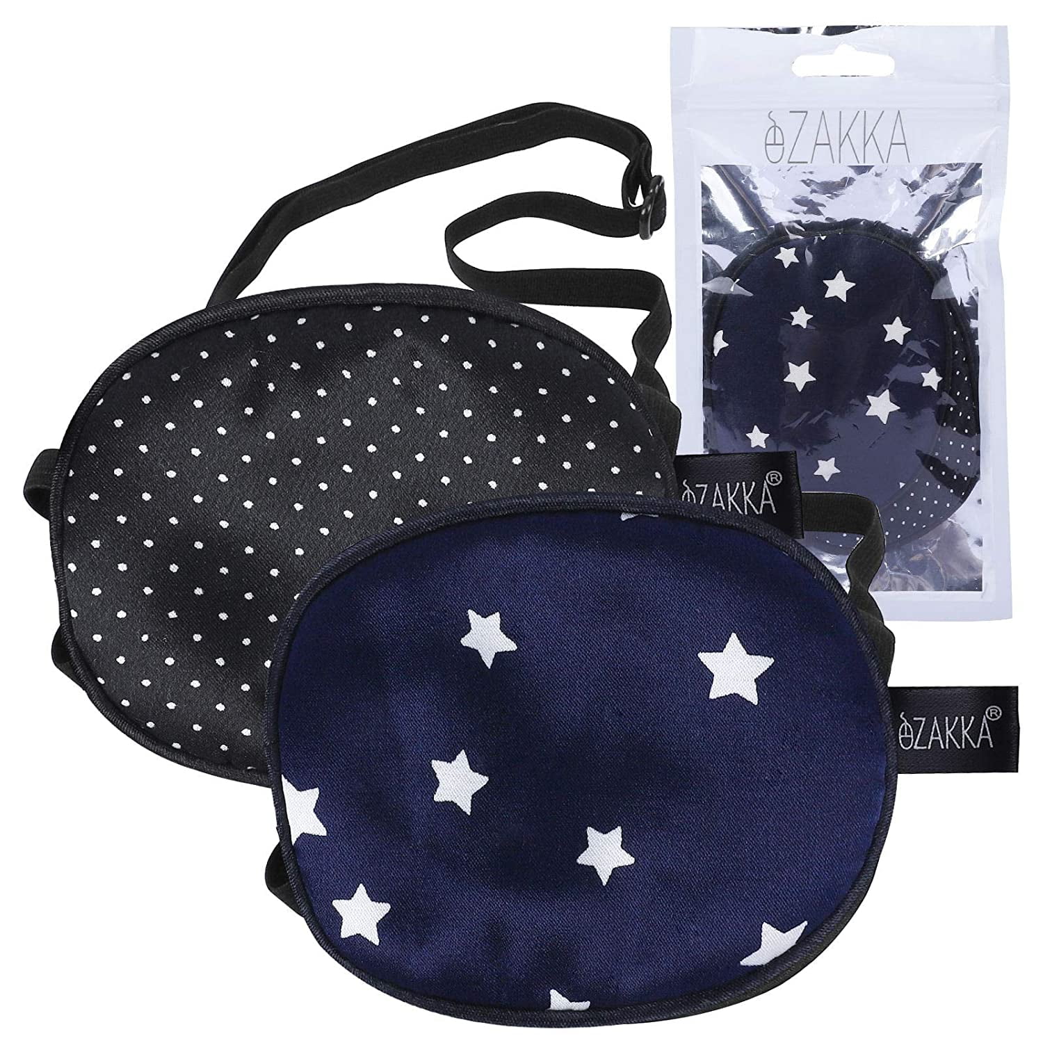 eZAKKA Eye Patches for Adults Kids, 2 Pieces Silk Elastic Lazy Eye Patches for Amblyopia Strabismus (L, Blue with Star+Black Polka Dots)