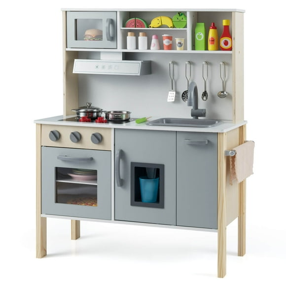 Costway Kids Kitchen Playset Wooden Pretend Play Chef Toy with Microwave & Accessories Gray