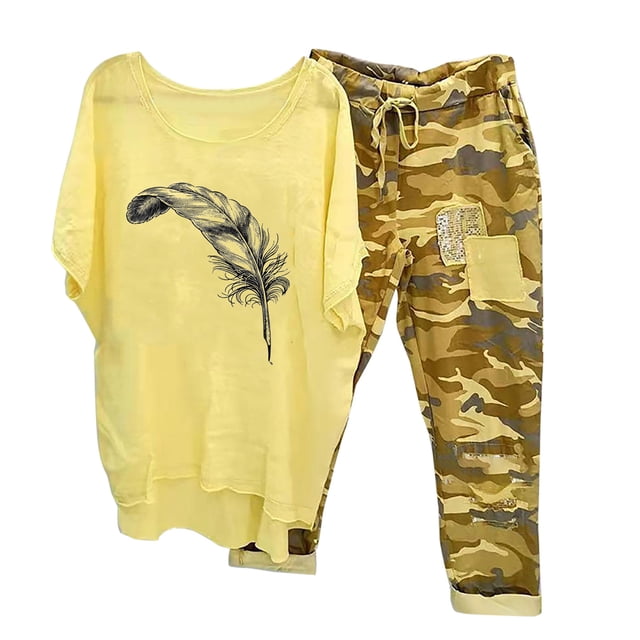 Hauts à Manches Courtes pour Femmes Ensemble Chemise + Pantalon Imprimé Col Rond Manches Courtes pour Femmes