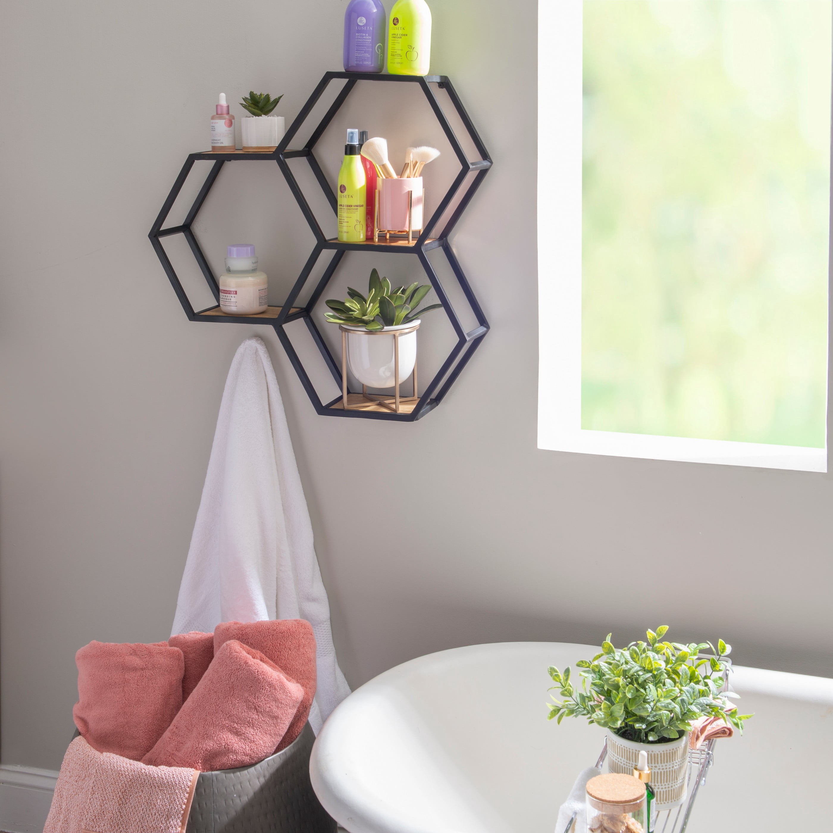 Powell Wilson 3-Compartment Honeycomb Wall Shelves, Black Metal with Natural Mango Wood