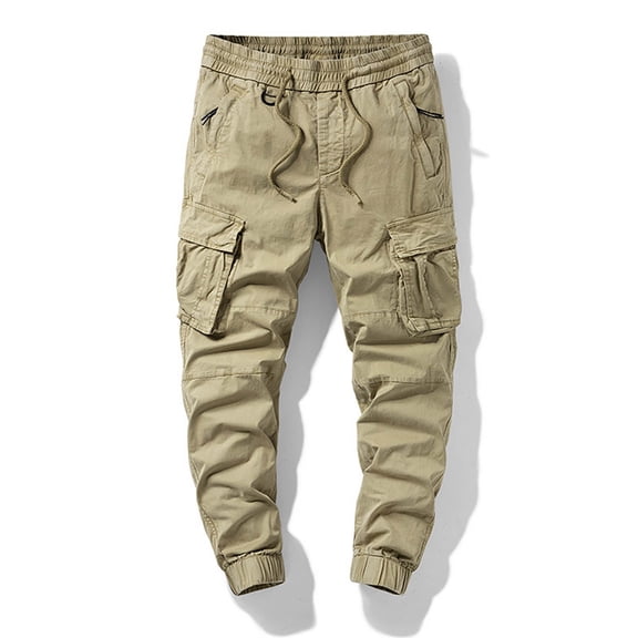 Pejock Men's Cargo Pants Elastic Waist with Zipper Pockets, Casual Full Length Utility Tactical Trousers, Soft Polyester Stretch Outdoor Hiking Pants