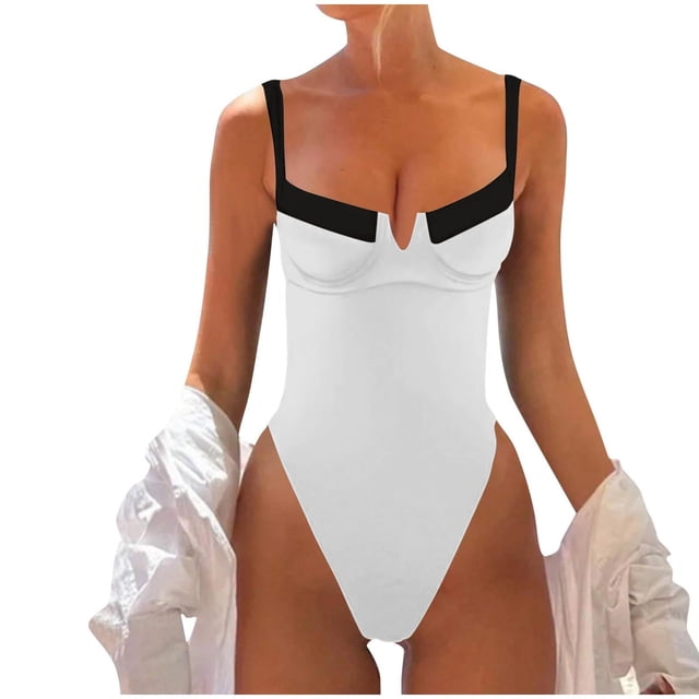 Women's Swimsuit Bathing Suits High Cut V Neck Color Block Slimming Spaghetti Strap Swimwear