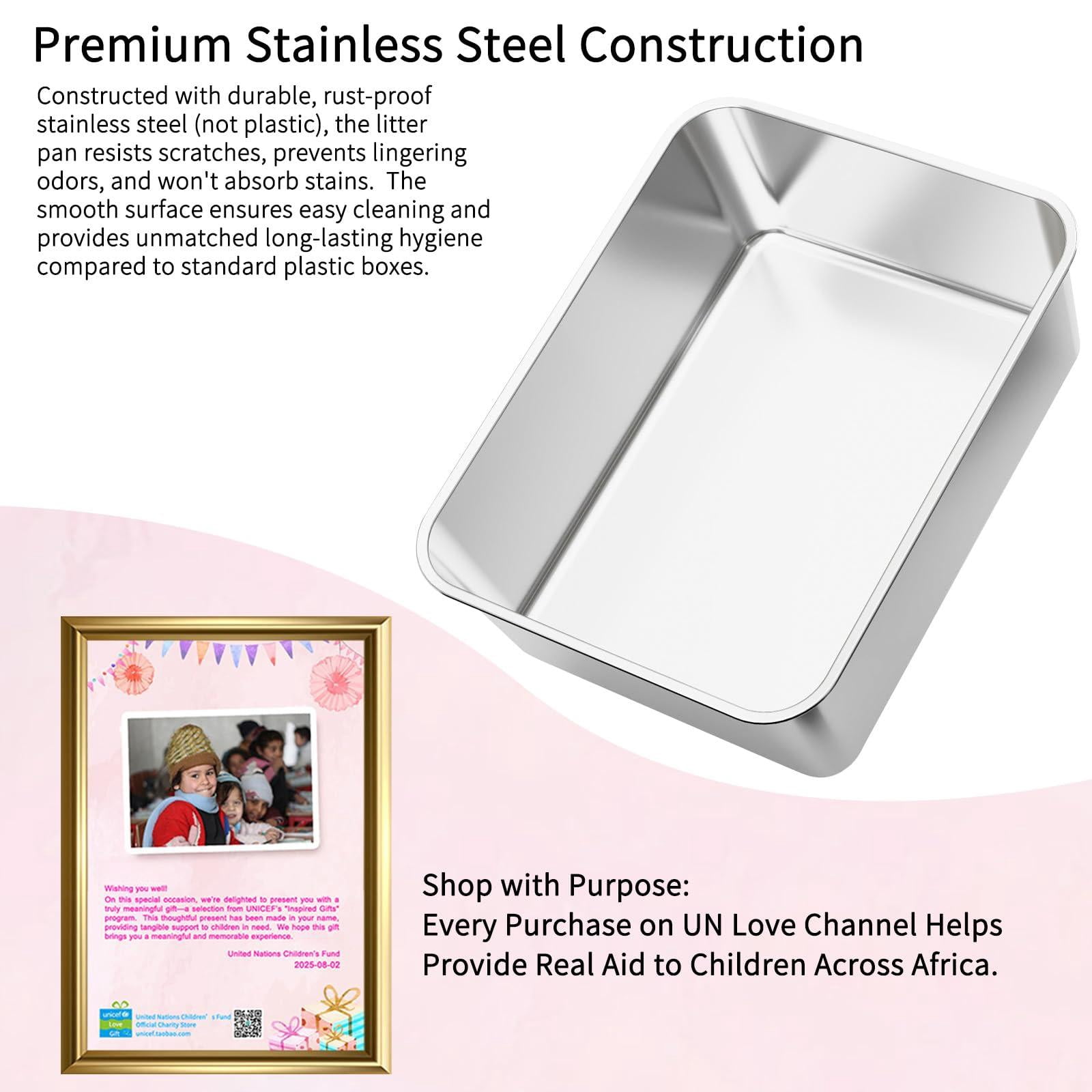 Cat Litter Box: Pink Stainless Steel Won't Trap Odors - Easy Rinse Clean Non-porous Open Top Design 11.6" High Sides 17.3"x13.5" With Scoop Studio Apartment/bathroom